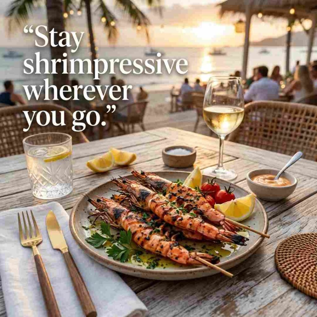 Clever shrimp puns for Instagram featuring grilled shrimp at a beach café with the quote Stay shrimpressive wherever you go and premium seafood photography.