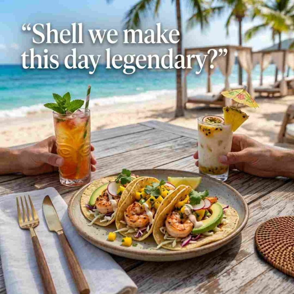 Hilarious shrimp puns Instagram caption image featuring shrimp tacos and beach scenery with the quote Shell we make this day legendary.