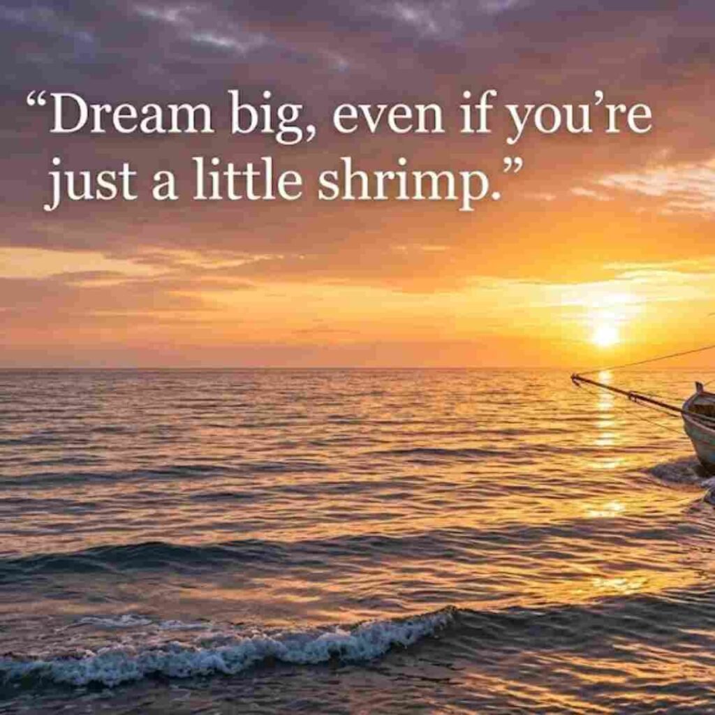 Motivational shrimp puns image showing a shrimp boat at sunrise with the inspirational quote Dream big even if you're just a little shrimp.