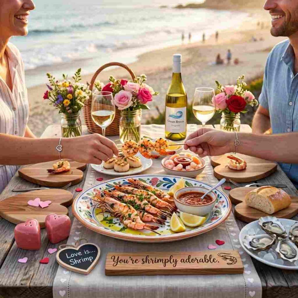 Cute shrimp puns image featuring a romantic seafood picnic and the quote You're shrimply adorable for shrimp lovers and cute captions.