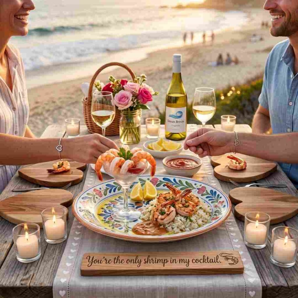 Shrimp puns for couples image showing a romantic seafood dinner with the quote You're the only shrimp in my cocktail.