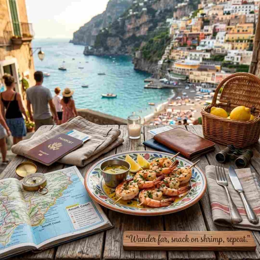 Travel and foodie shrimp puns image featuring coastal street food shrimp and the quote Wander far snack on shrimp repeat.