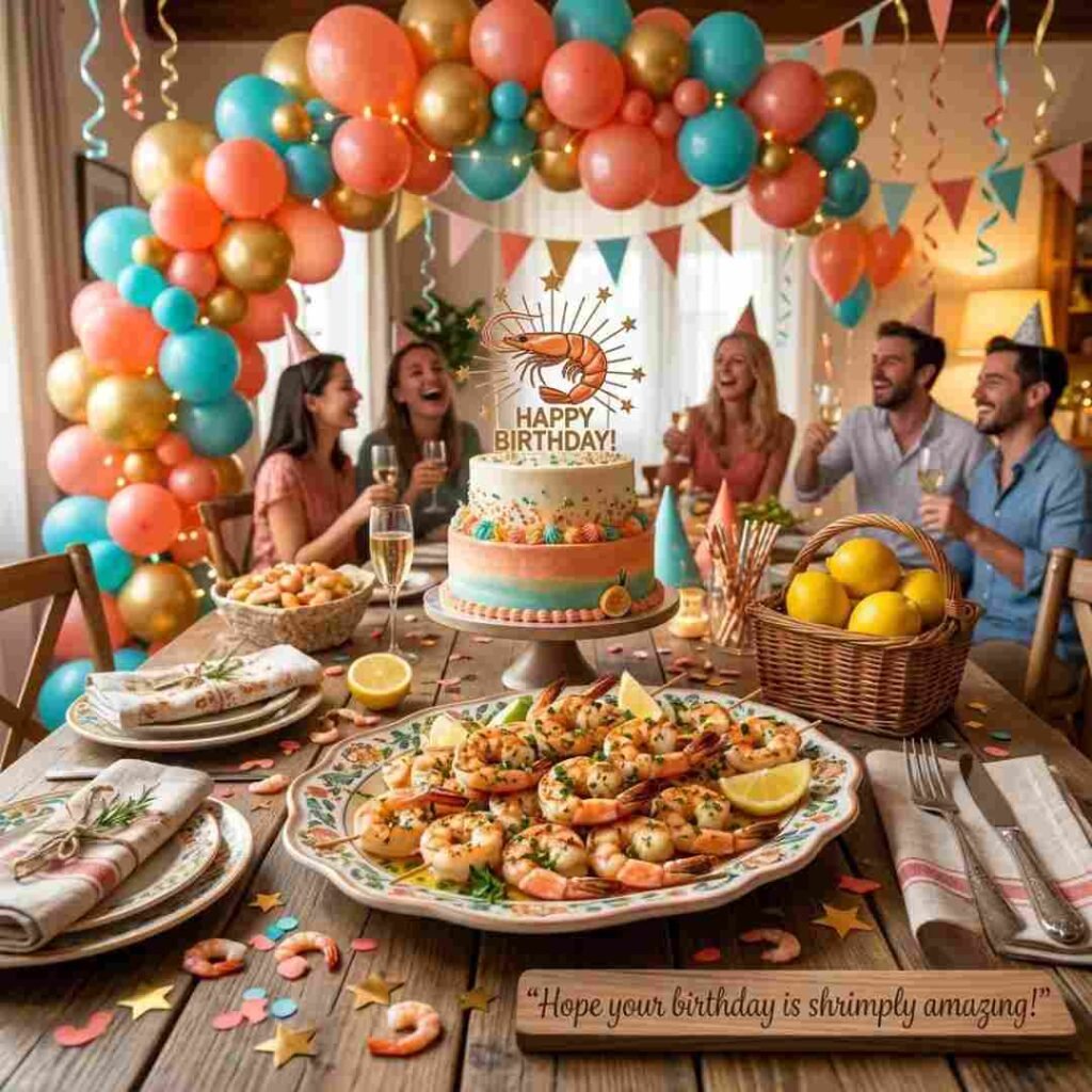 Funny birthday shrimp puns image featuring a birthday celebration with shrimp appetizers and the quote Hope your birthday is shrimply amazing.