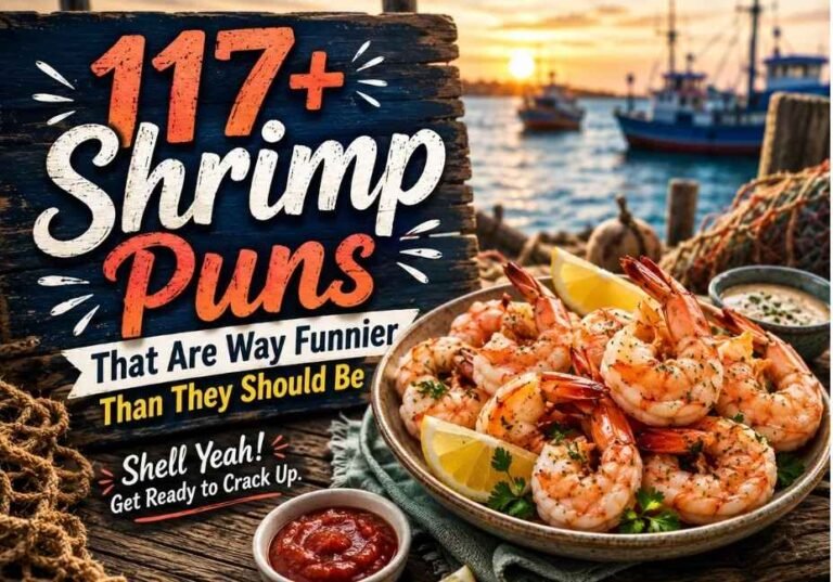 Shrimp Puns featured image showing a realistic seafood platter with fresh and cooked shrimp, lemon wedges, herbs, coastal dock background, and the title “117+ Shrimp Puns That Are Way Funnier Than They Should Be,” captured in cinematic golden-hour lighting for a premium blog about funny shrimp puns, seafood jokes, captions, and humorous wordplay.