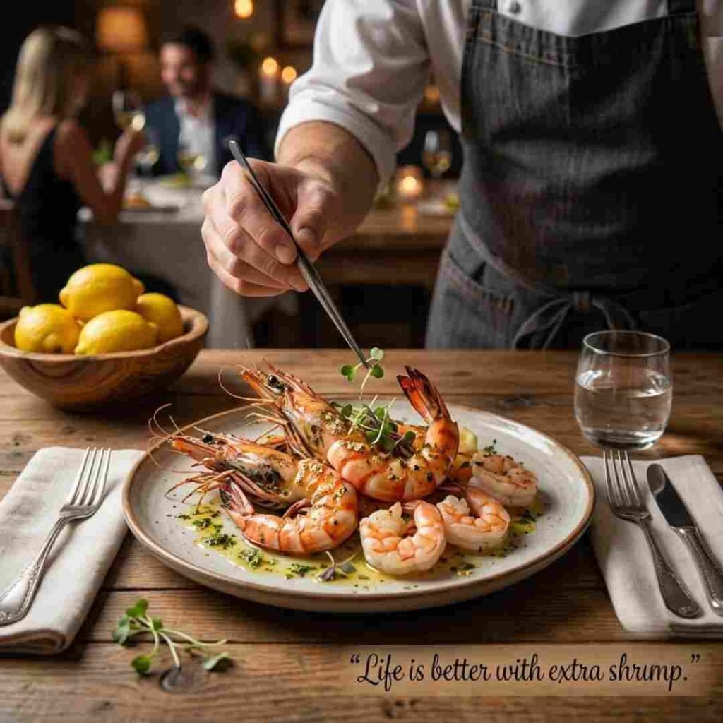 Shrimp puns for foodies image featuring gourmet shrimp cuisine and the quote Life is better with extra shrimp in a luxury seafood restaurant.