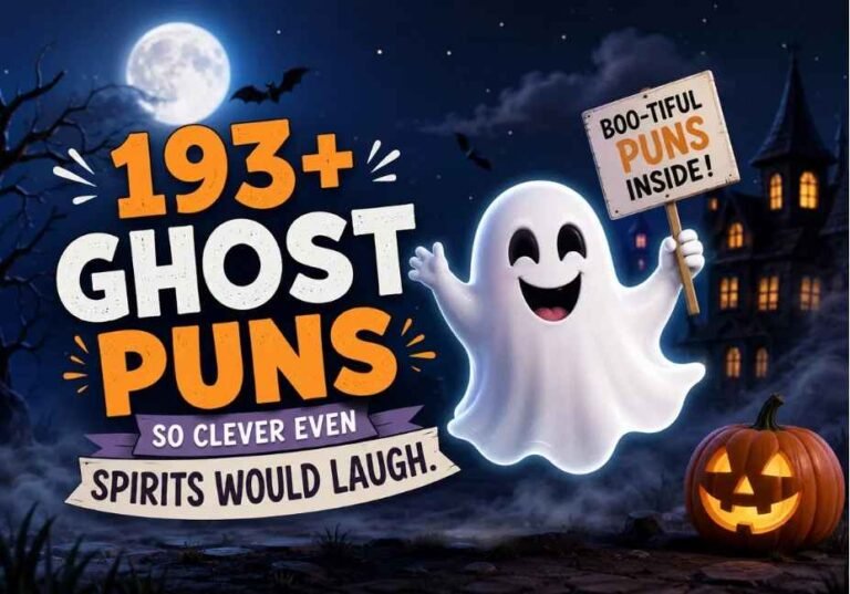 Spooky yet funny ghost character with moonlit haunted house theme for Ghost Puns blog content