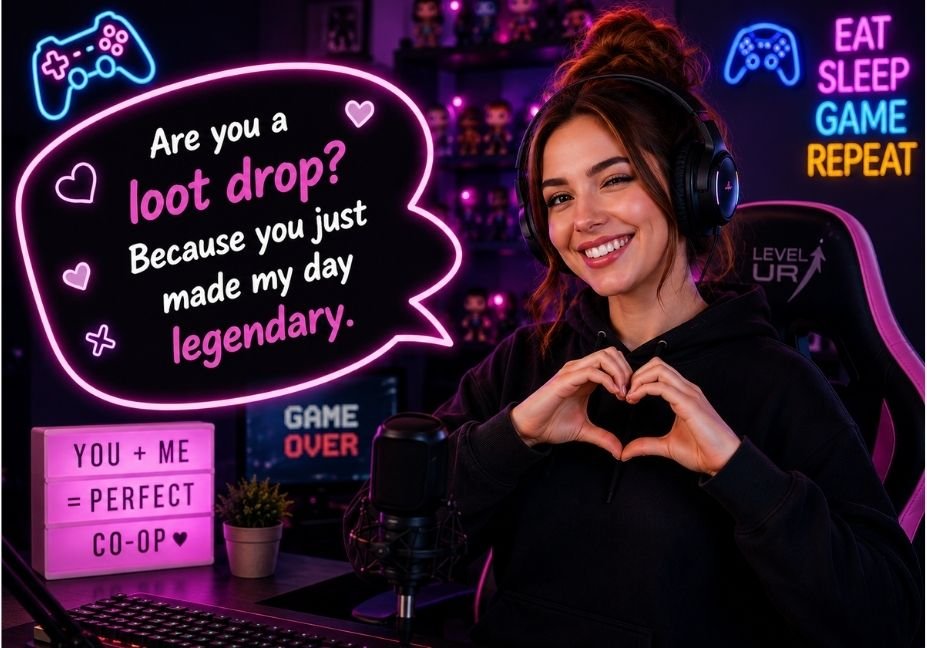 smiling female gaming streamer wearing headphones in a colorful RGB streaming setup with a funny gamer pick up line speech bubble and neon gaming background.