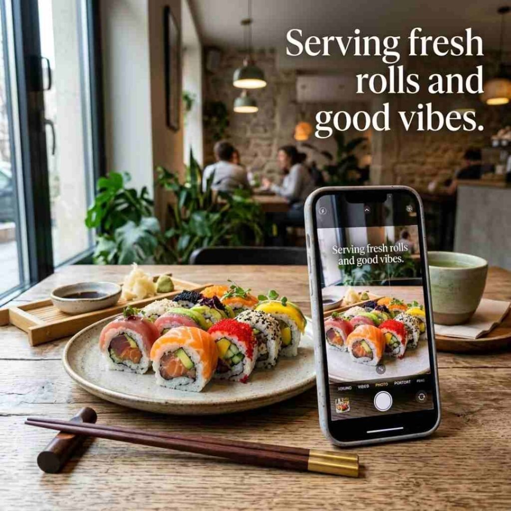 Stylish sushi rolls and nigiri arranged in a modern café setting with a smartphone food photography scene, showcasing sushi puns for Instagram captions, funny sushi humor, social media content, and creative food-inspired wordplay.