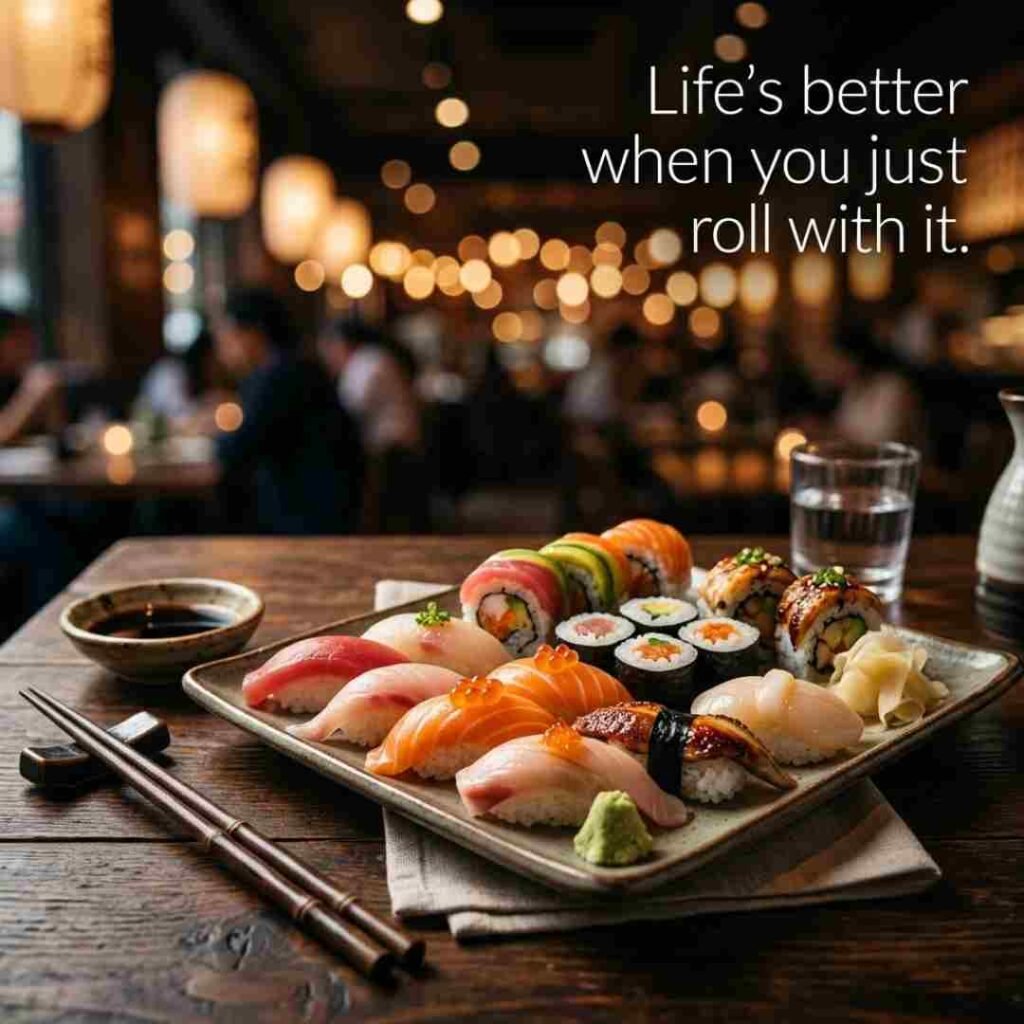 Realistic sushi platter with fresh salmon rolls, nigiri, chopsticks, and soy sauce on a wooden table featuring a funny sushi puns one liner quote, premium food photography for sushi jokes, wordplay, captions, and social media humor.