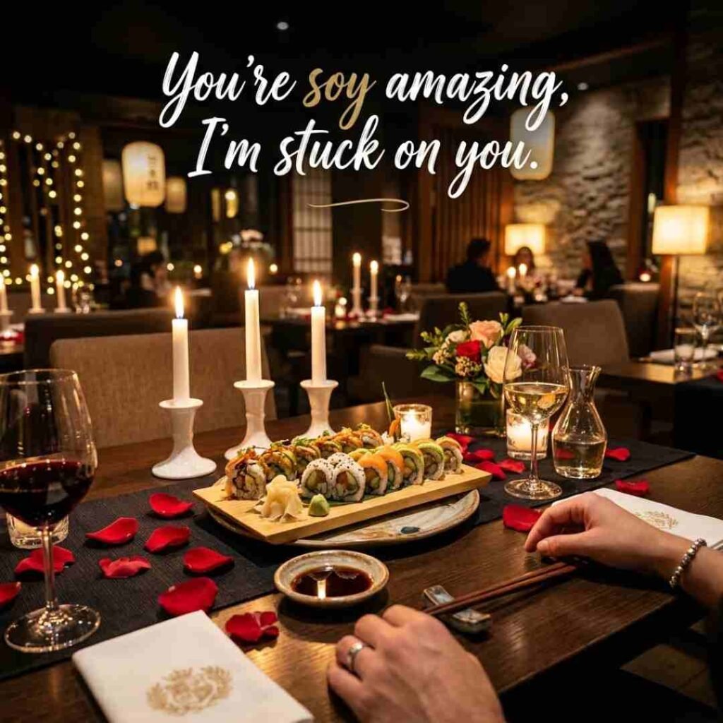 Romantic sushi dinner with candles, rose petals, and gourmet sushi rolls featuring sushi love puns, cute relationship humor, romantic sushi quotes, food-inspired wordplay, and date-night themed captions.
