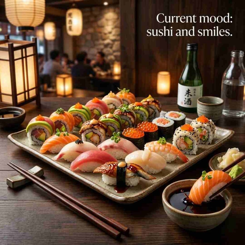 Colorful assortment of sushi rolls, nigiri, and Japanese dining elements with a humorous caption, representing funny sushi puns captions, sushi jokes, food humor, social media content, and shareable wordplay.