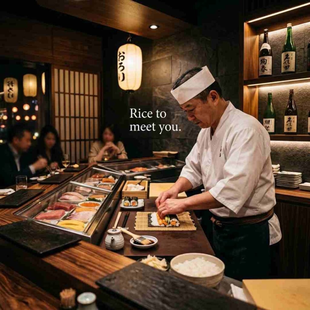 Professional sushi chef preparing fresh sushi rolls in an elegant Japanese restaurant, highlighting clever sushi puns for Instagram, witty sushi wordplay, creative captions, and engaging social media humor.