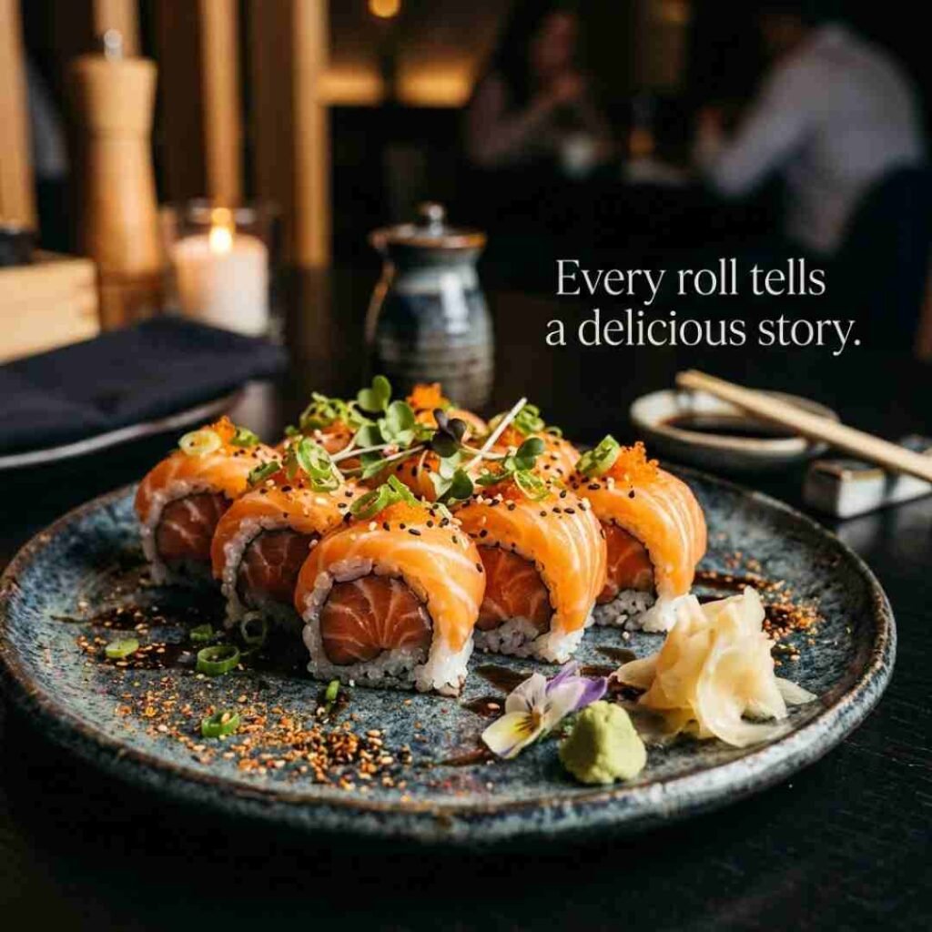 Close-up of premium sushi rolls and nigiri with elegant presentation and cinematic lighting, showcasing punny sushi quotes that’ll crack you up, funny sushi sayings, humorous wordplay, and entertaining food jokes.