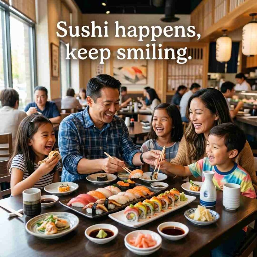 Family enjoying sushi together at a bright restaurant table with assorted sushi rolls and cheerful expressions, featuring clean and family-friendly sushi jokes, wholesome humour, kid-safe puns, and fun food-themed entertainment.