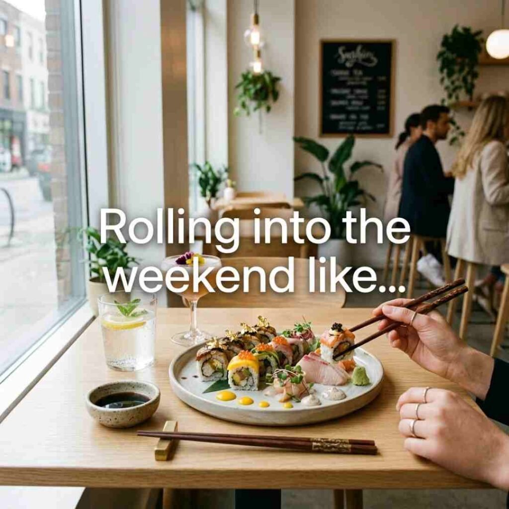 Trendy sushi café scene with beautifully plated sushi rolls and modern decor, highlighting caption-worthy sushi puns, Instagram-ready food photography, funny sushi captions, and engaging social media humour.