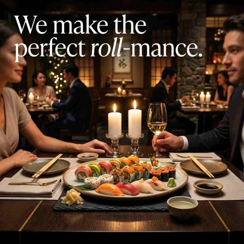 Elegant sushi date-night setting with candles, gourmet sushi platters, and warm lighting featuring heartfelt and romantic sushi puns, love-inspired sushi humour, relationship quotes, and romantic food-themed wordplay.