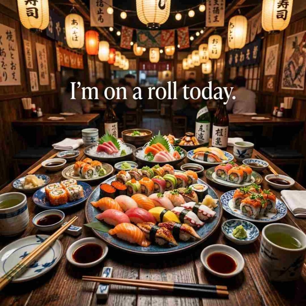 Japanese dining table filled with fresh sushi rolls, nigiri, chopsticks, and soy sauce featuring the best sushi-themed wordplay jokes, funny sushi puns, clever food humour, and share-worthy entertainment.
