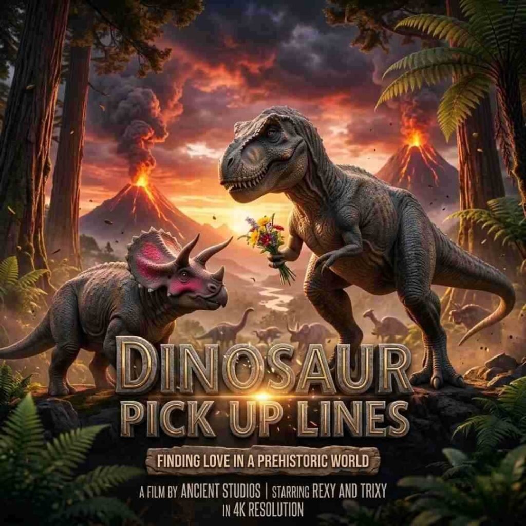 T-Rex giving flowers to triceratops in a dinosaur pick up lines movie poster scene