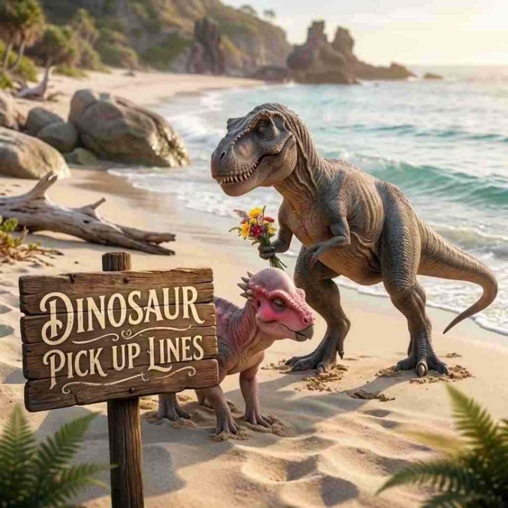 T-Rex holding flowers on a beach beside a dinosaur pick up lines sign