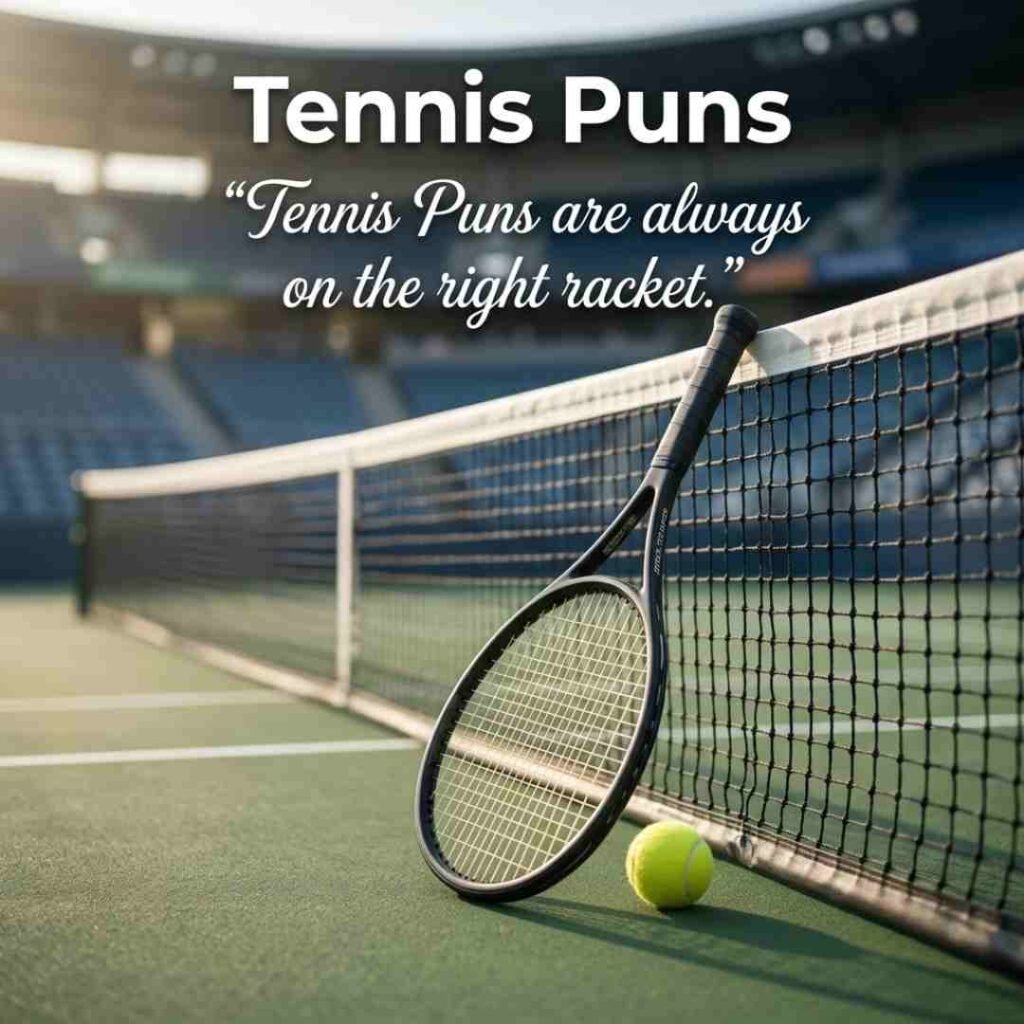 Professional tennis racket and ball image with clever humor text, featuring Tennis Puns in a clean and engaging sports setting.