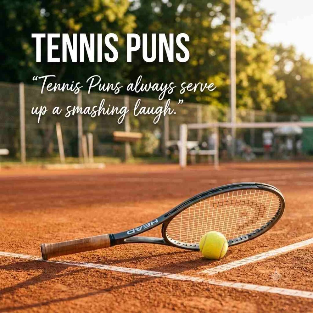 Tennis Puns featured on a realistic tennis court with racket and ball at sunset, creating a fun and professional wordplay-themed image.