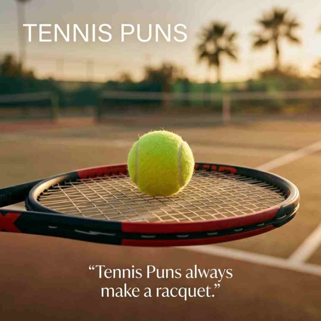 Close-up tennis ball and racket photography featuring a one-liner quote and the keyword Tennis Puns in a stylish composition.