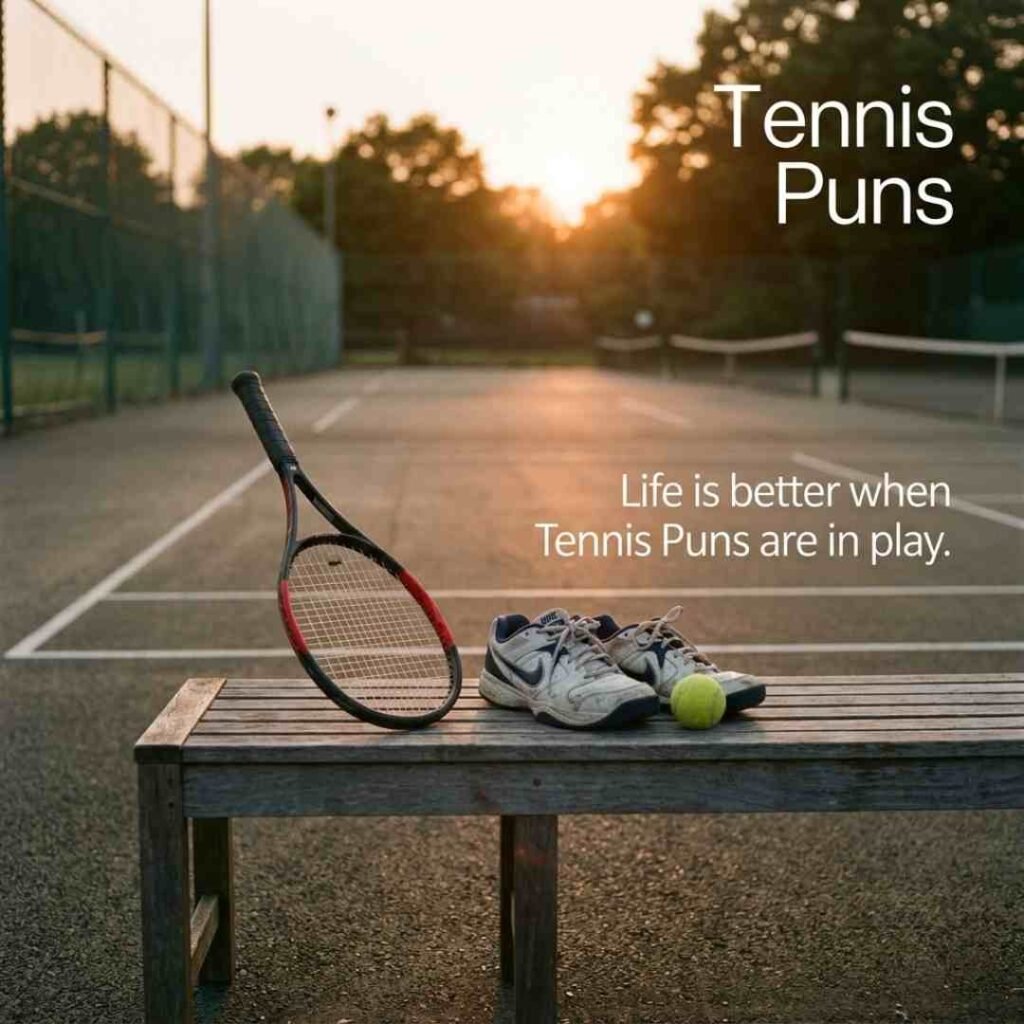 A tennis bench scene with sports equipment and an amusing saying featuring Tennis Puns in a realistic outdoor setting.