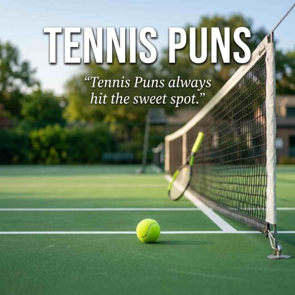 Creative tennis-themed image with a tennis ball near the net and a humorous Tennis Puns quote in professional sports photography.