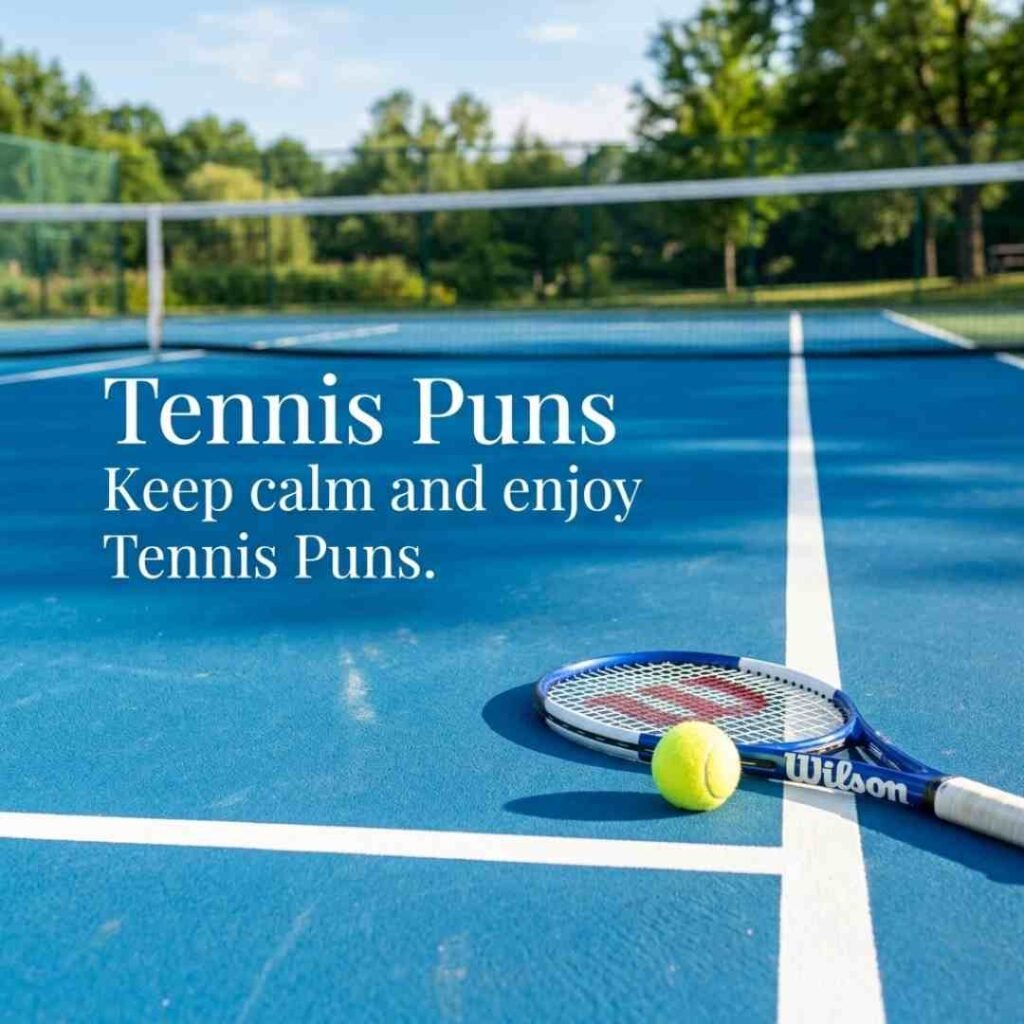 Lighthearted tennis court photography displaying a cheerful message with Tennis Puns and natural outdoor lighting.