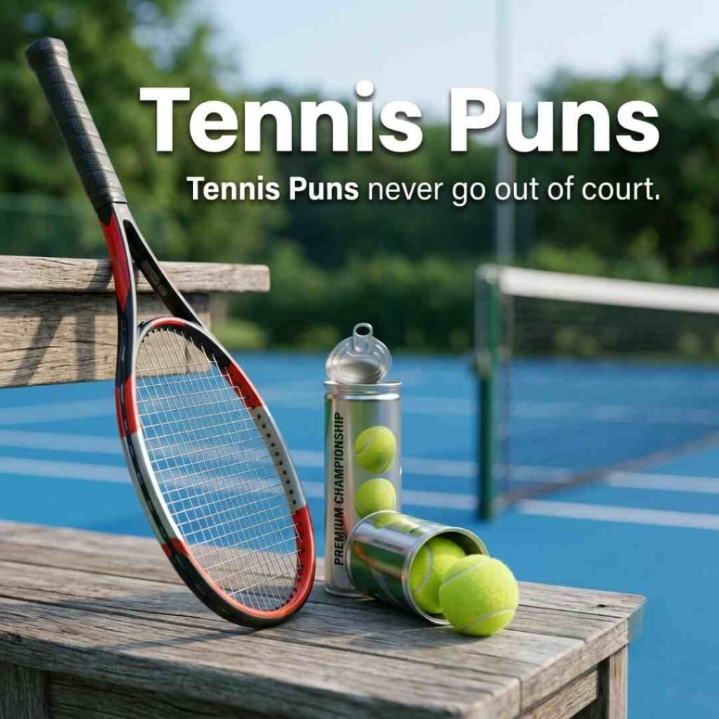 Realistic tennis equipment scene with unique Tennis Puns text and a clean professional sports photography style.