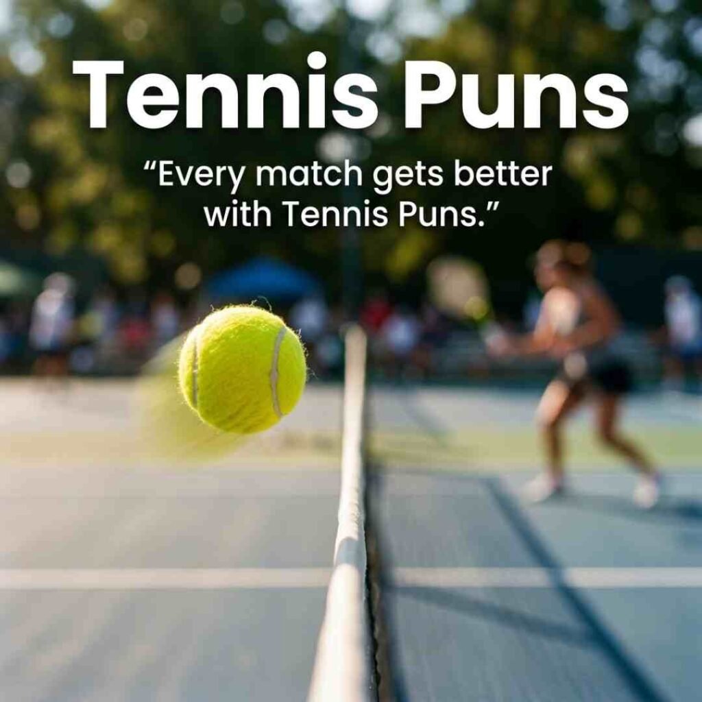 Action-style tennis image featuring entertaining word jokes and the primary keyword Tennis Puns in a realistic sports scene.