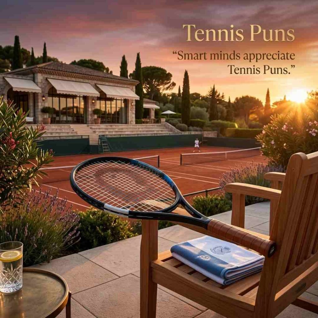 Elegant tennis club photography with a sophisticated quote featuring Tennis Puns and warm sunset lighting for a premium visual.