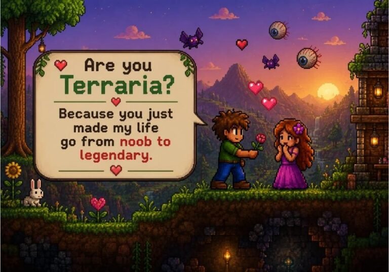 Terraria Pick Up Lines Guaranteed to Get a Laugh featuring a colorful Terraria-inspired pixel art scene with a cute couple, floating hearts, and a funny romantic pickup line in a fantasy gaming world.