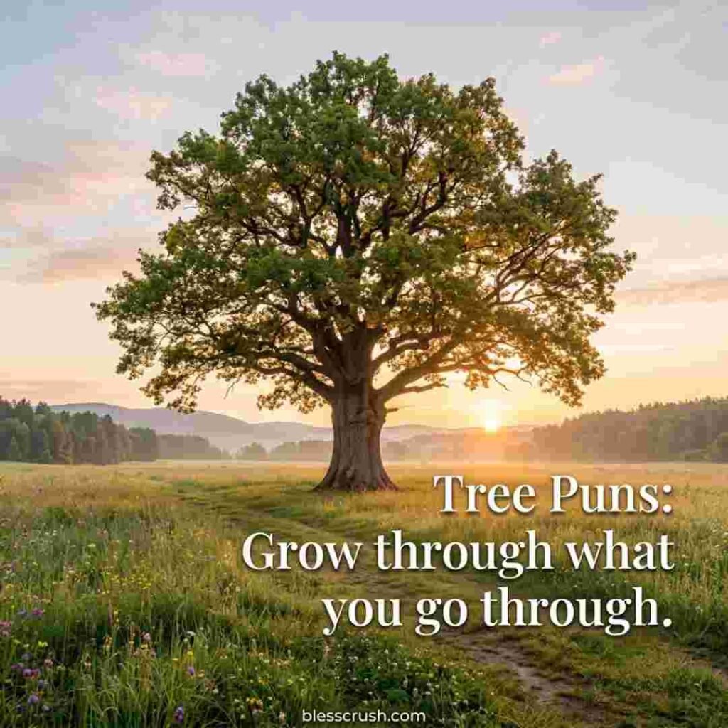 Tree Puns inspirational quote on a giant tree standing in a peaceful meadow during a beautiful sunrise.