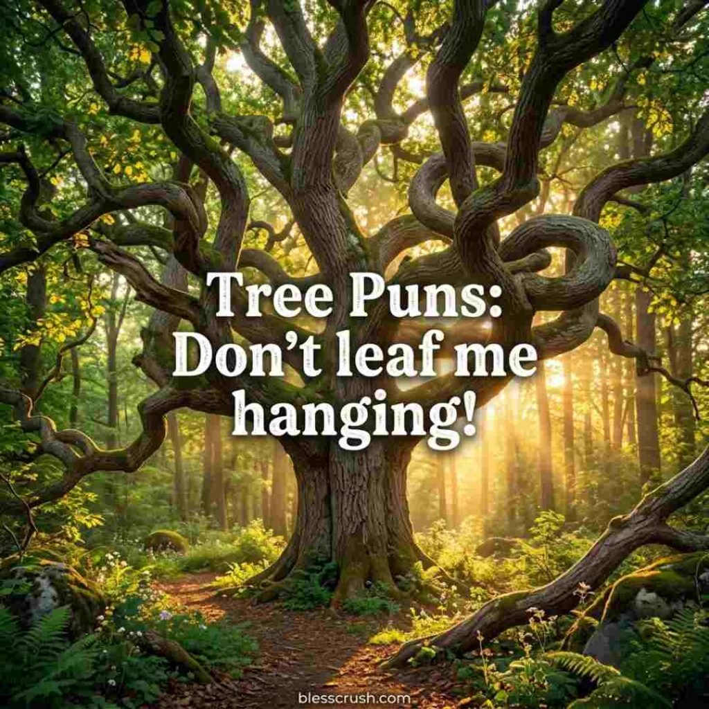 Tree Puns joke presented in a whimsical forest landscape with a large leafy tree and warm golden sunlight.