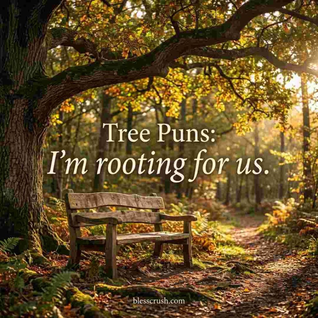 Tree Puns pickup line featured in a scenic woodland setting with a rustic bench beneath a large tree.