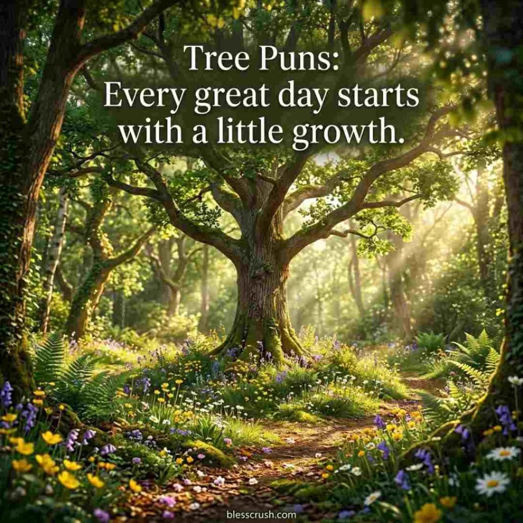 Tree Puns quote displayed in a dreamy woodland clearing featuring flowers, sunlight, and a beautiful mature tree.