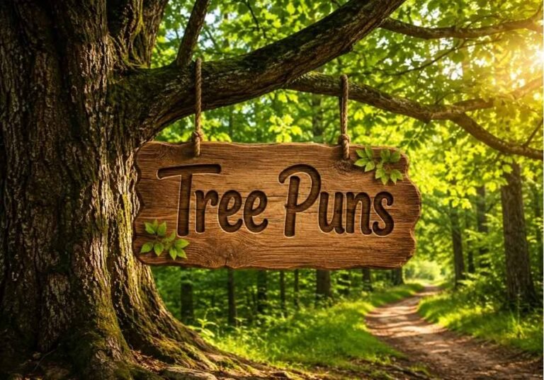 Tree Puns sign attached to a large tree in a picturesque woodland setting with a winding nature path.
