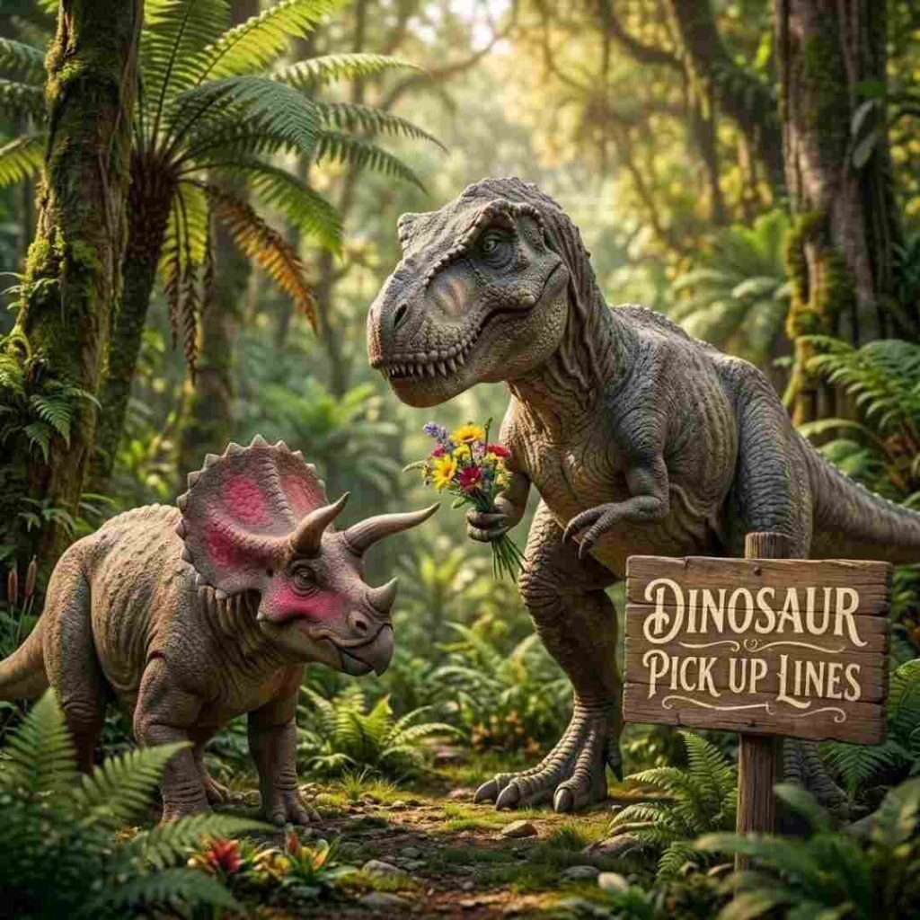Triceratops exchanging flowers near a dinosaur pick up lines sign in a misty forest