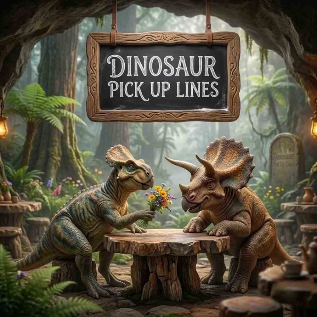 Triceratops exchanging flowers near a dinosaur pick up lines sign in a misty forest