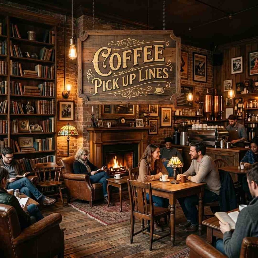 Vintage wooden coffee pick up lines sign hanging in a rustic bookshop cafe