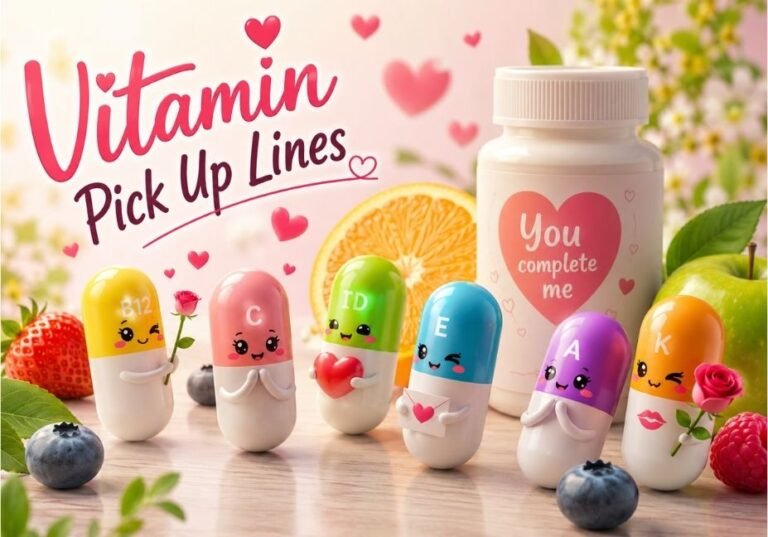 Cute vitamin pick up lines illustration featuring colorful vitamin capsules with smiling faces, fresh fruits, a vitamin bottle, hearts, and a romantic wellness theme for a vitamin pick up lines blog article.