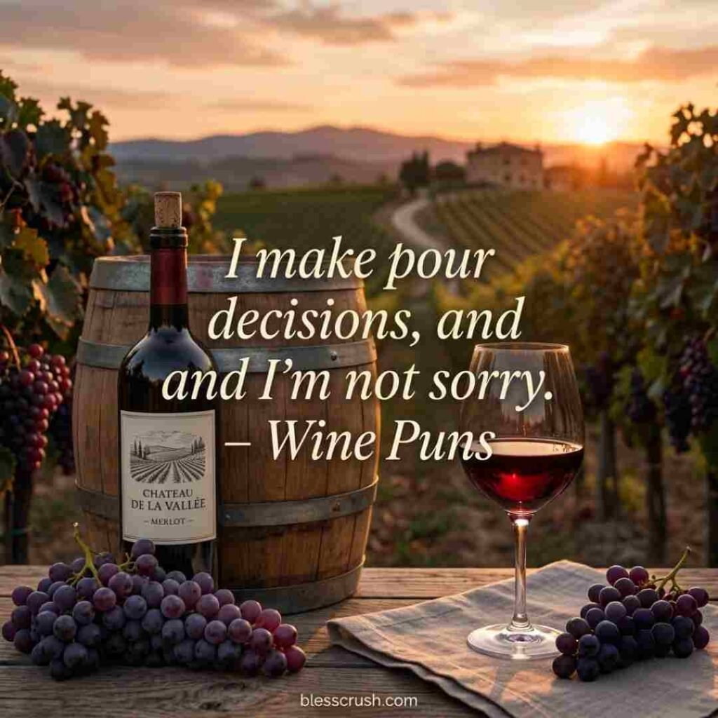 Wine Puns humor image showing a rustic wine barrel, wine bottle, fresh grapes, and a funny wine joke in a countryside vineyard.