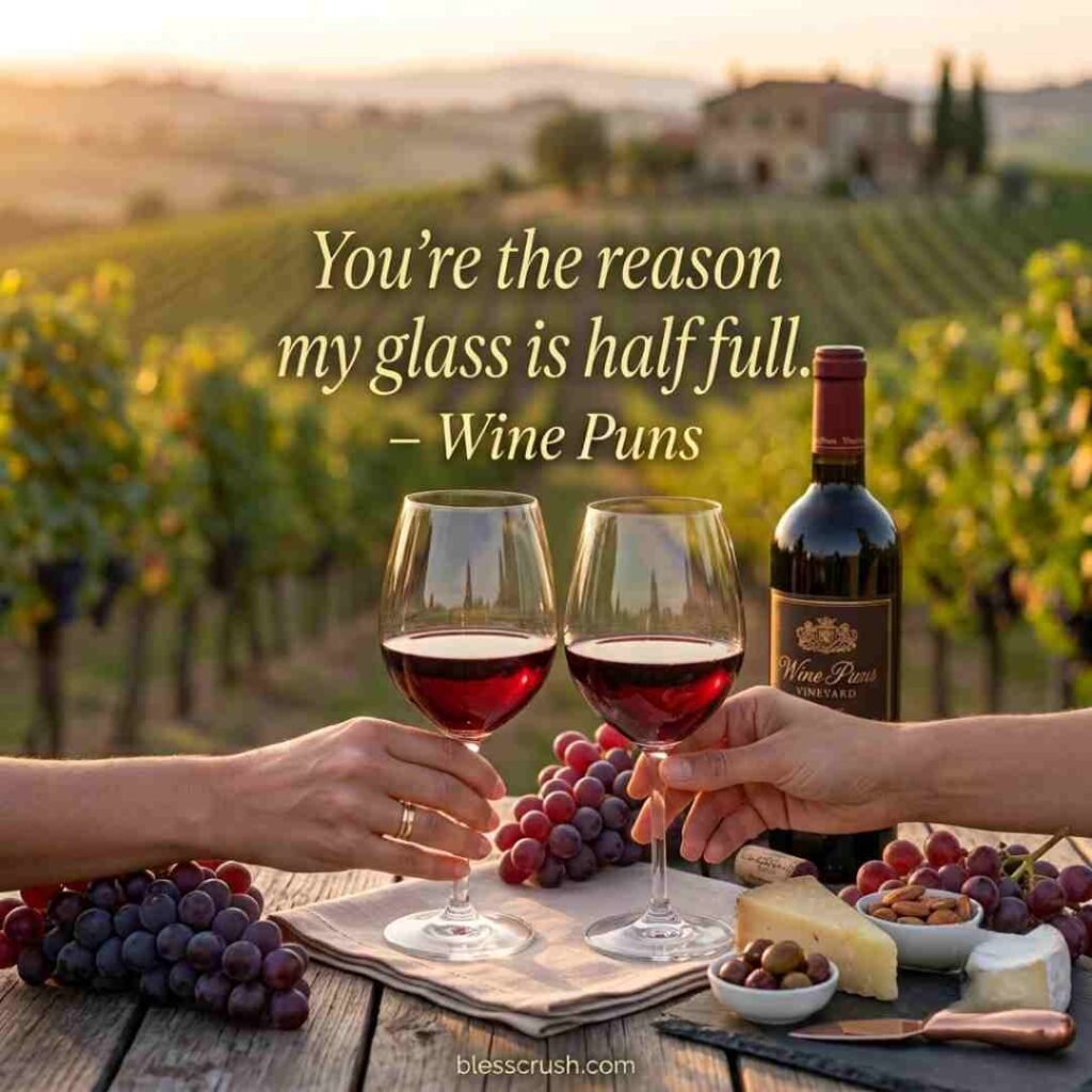 Wine Puns message image showing a sunset vineyard, wine glasses, fresh grapes, and a heartwarming wine-themed saying.