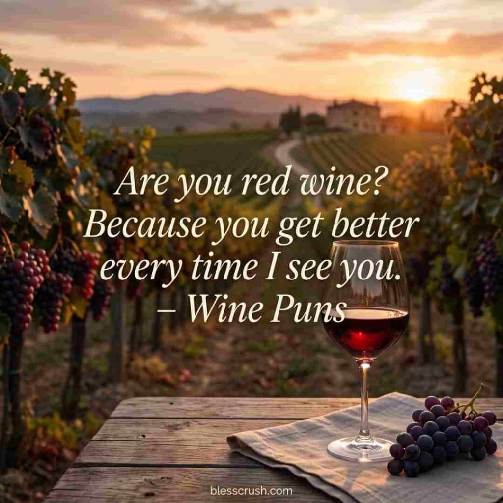 Wine Puns quote image featuring a romantic vineyard sunset, wine glass, grapevines, and a playful pickup line in an elegant winery setting.