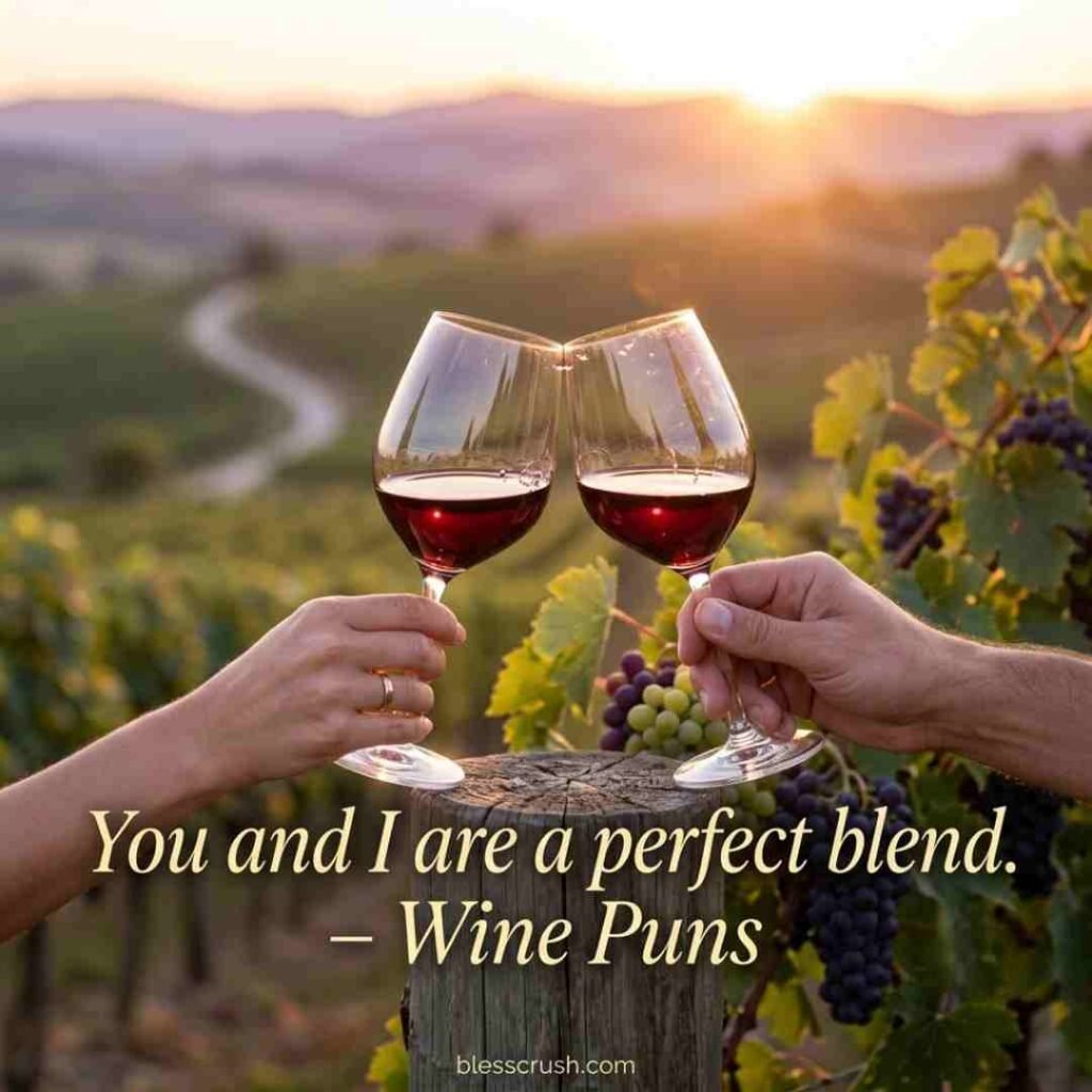 Wine Puns pickup line image featuring a romantic winery with fairy lights, wine glasses, and a charming merlot-inspired message.