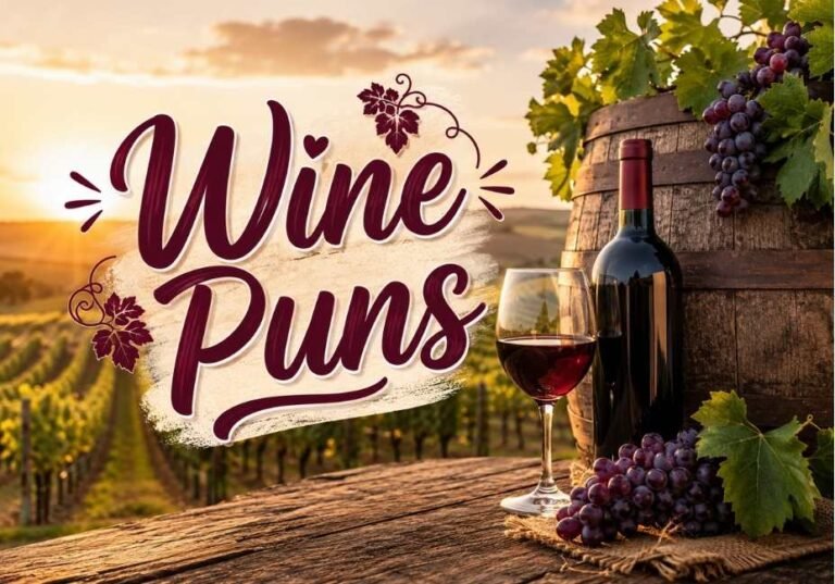 Wine Puns lettering in a rustic vineyard environment with grapevines, wine accessories, and golden sunset scenery.