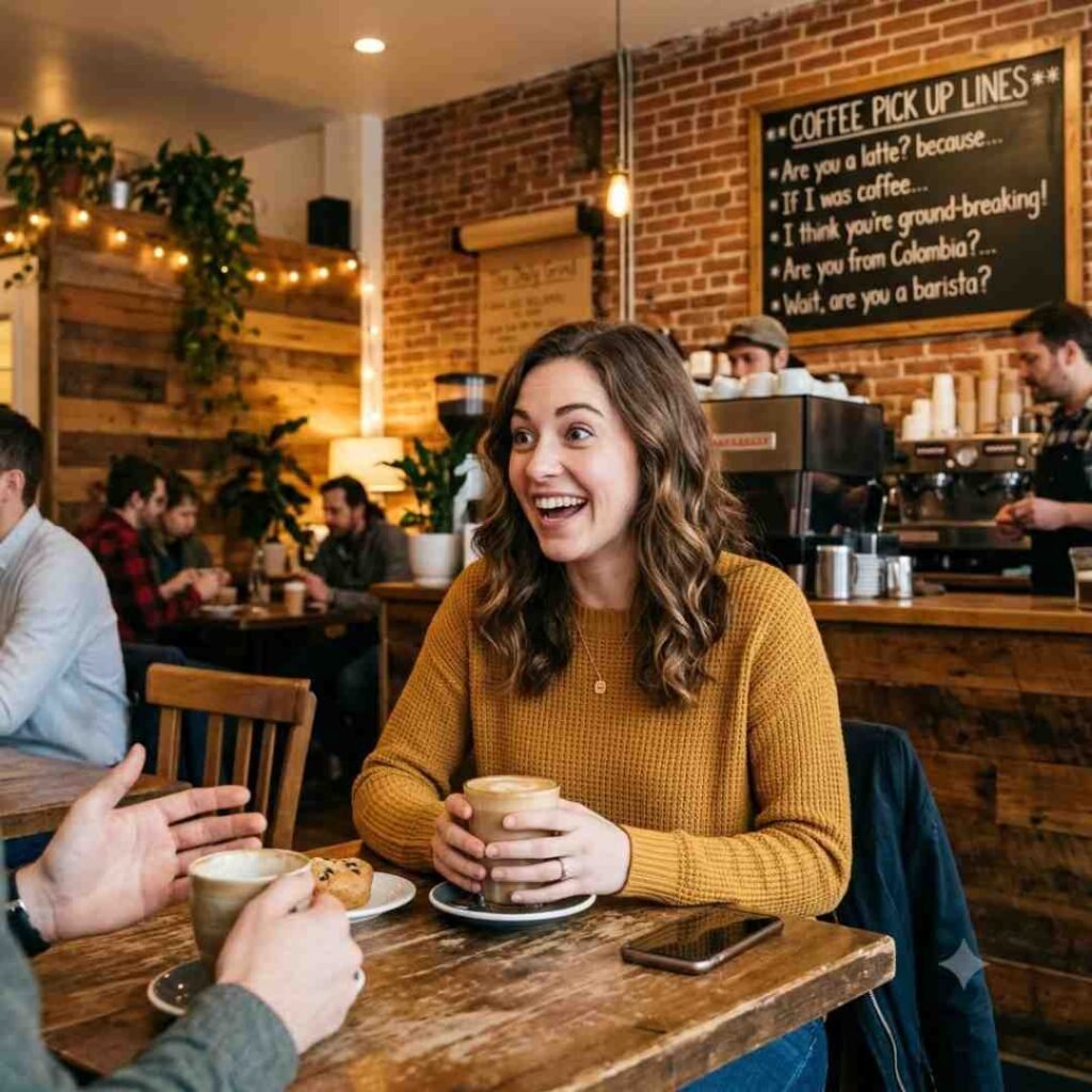 Woman laughing at funny coffee pick up lines written on a cafe blackboard