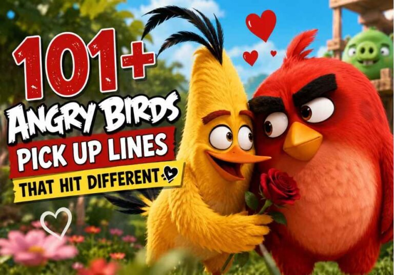 101+ Angry Birds Pick Up Lines graphic featuring a red and yellow bird sharing a romantic moment with a rose, hearts, and colorful garden background.
