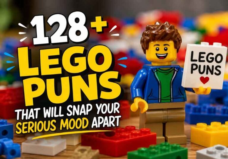 128+ Lego Puns that will snap your serious mood apart, featuring colorful LEGO bricks, a smiling LEGO minifigure, and bold “Lego Puns”